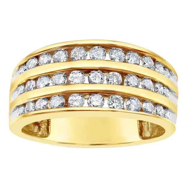 One Carat Triple Row Diamond Wedding Band 10k Yellow Gold, Size 5.5 For Sale