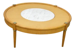 1960s Mid Century Modern Wood Italian Travertine Insert Brass Trim Round Coffee Table