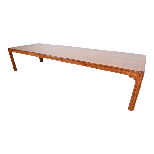 Drexel Heritage Mid-Century Hollywood Regency Oak and Burl Wood Extension Dining Table With Parquet Top, Newly Refinished For Sale