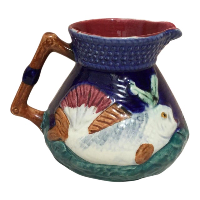 1930s English Majolica Pitcher With Fish For Sale
