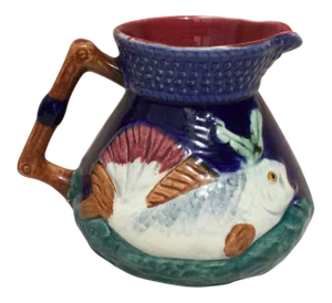 1930s English Majolica Pitcher With Fish