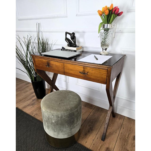 1940s Vintage Art Deco Italian Walnut Burl and Glass Desk, 1940s For Sale - Image 5 of 11