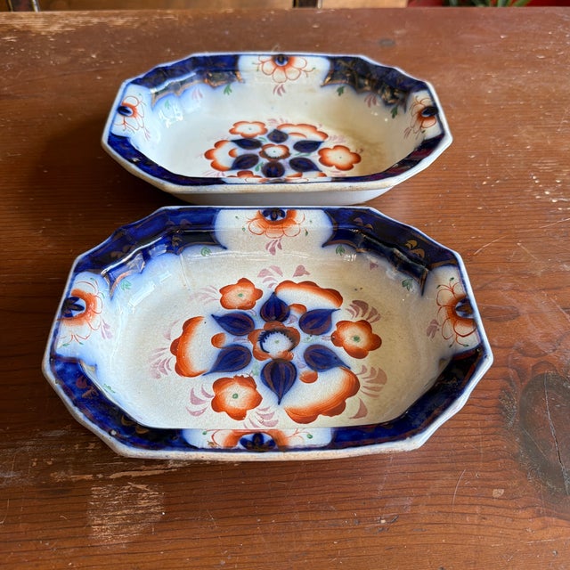 Antique Gaudy Welsh Crescent Pinwheel Flow Blue Set of 2 Vegetable Dishes, Circa 1840s For Sale - Image 12 of 12