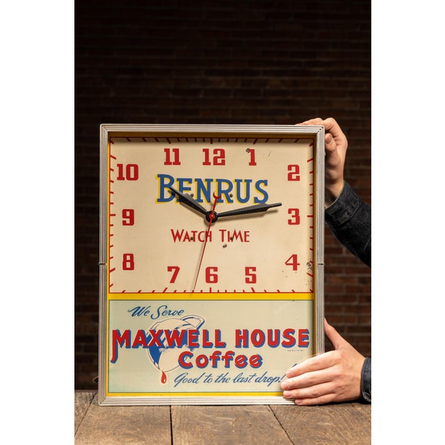 c. 1950s; mfd. for Maxwell House by Benrus Watch Company - New York Square-form advertising clock featuring dual branding:...