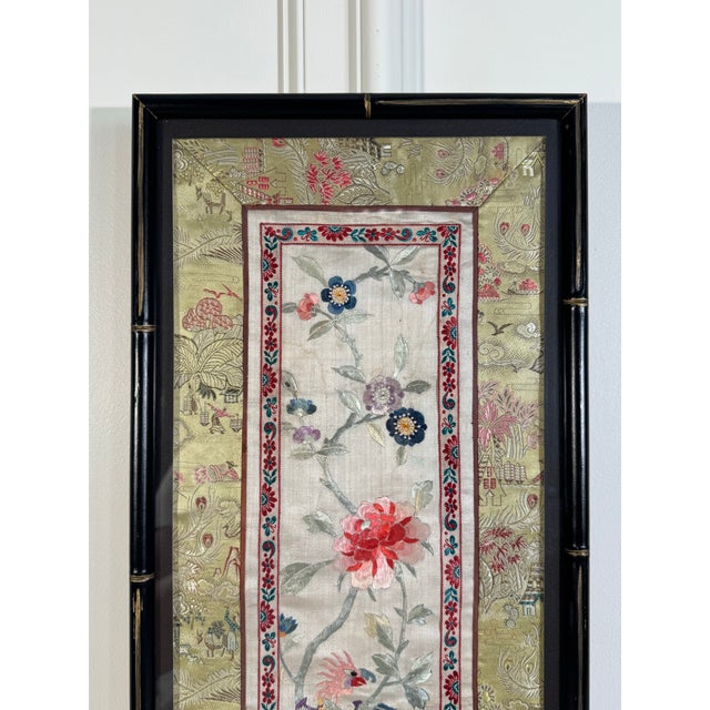 Textile Asian Chinoiserie Framed Faux Bamboo Embroidery Silk Textile Art For Sale - Image 7 of 12