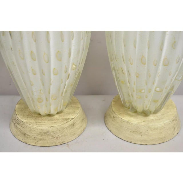 Mid 20th Century Vintage Murano Italy Camer Glass Gold Flecks White Sinuous Table Lamps - A Pair For Sale - Image 5 of 12