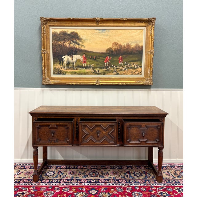Brown Antique English Jacobean Console Buffet Sideboard Sofa Table Oak c.1930s For Sale - Image 8 of 17