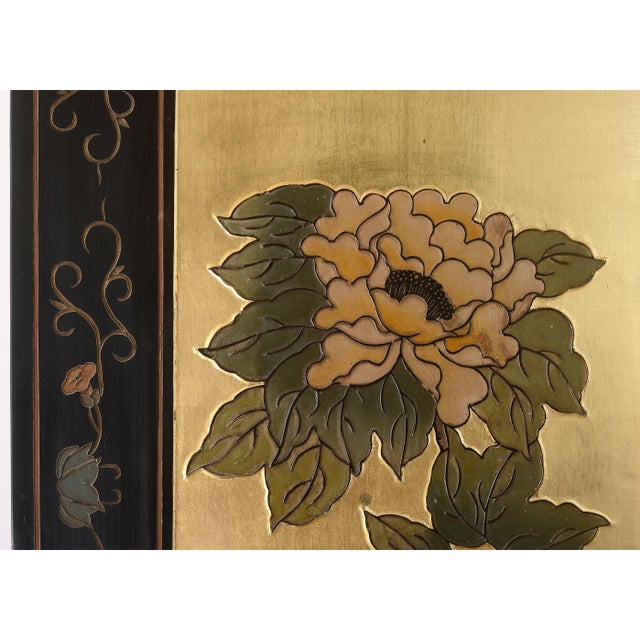 Vintage Asian Gold Leaf Coromandel 4-Panel Folding Screen With Birds in Nature Scenes For Sale - Image 12 of 18