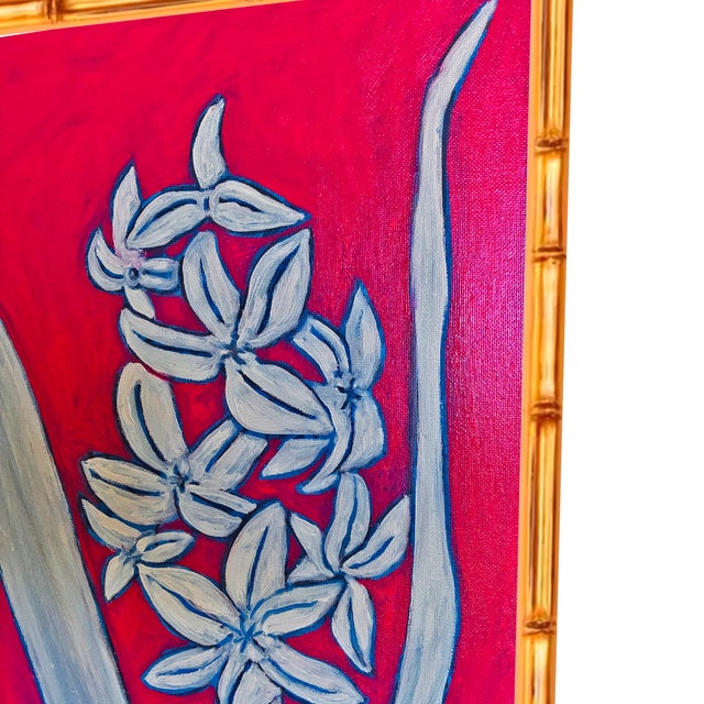 Original Framed Flower Painting, White Red Botanical Wall Art, Oil Sticks on Canvas in Bamboo Frame, 11x14 Minimalist Boho Home Decor For Sale In West Palm - Image 6 of 6