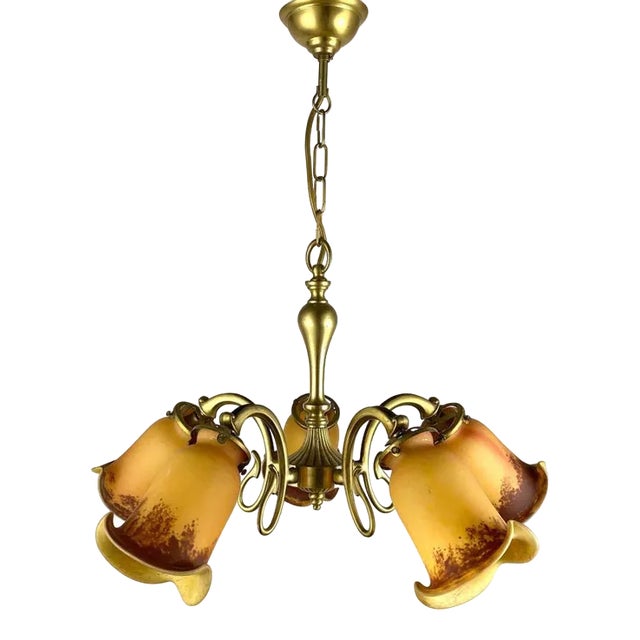 Vintage French Hanging Light in Gilt Brass & Colored Glass Lamp, 1980s For Sale