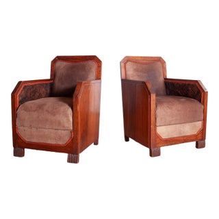 Pair of French Cubist Club Chairs in Leather and Hide, C. 1920s For Sale