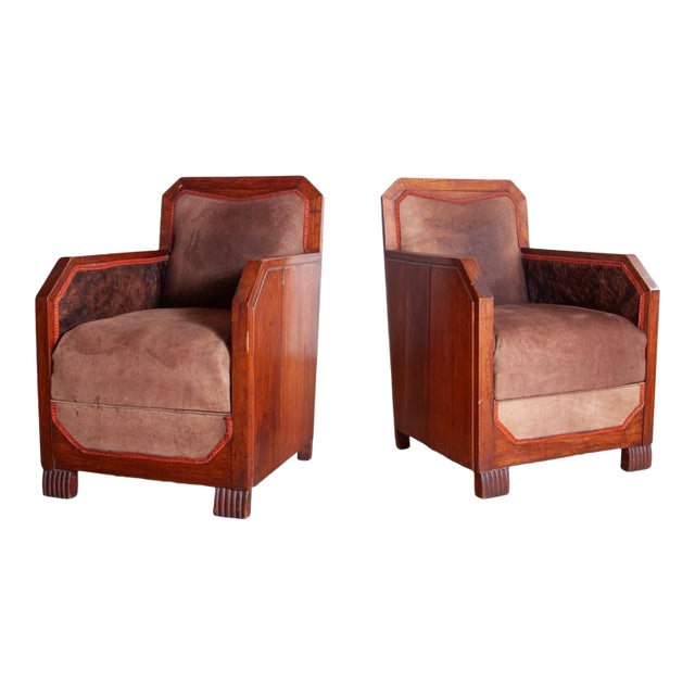 Pair of French Cubist Club Chairs in Leather and Hide, C. 1920s For Sale