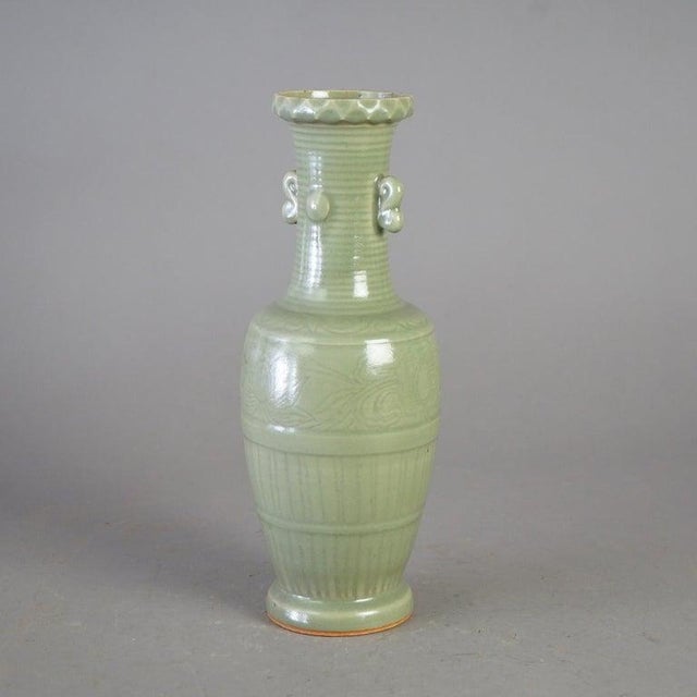 1930s Antique Chinese Celadon Glazed Art Pottery Vase, C1930 For Sale - Image 5 of 11