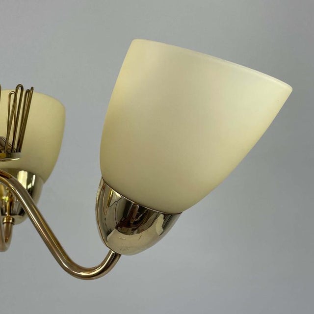 Brass & Opaline Glass 3-Arm Chandelier attributed to Hans Bergström for Asea, Sweden, 1950s For Sale - Image 15 of 17