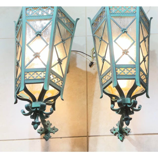Metal Large Pair of Handcrafted Wall-Mounted Solid Brass Lanterns / Sconces For Sale - Image 7 of 18