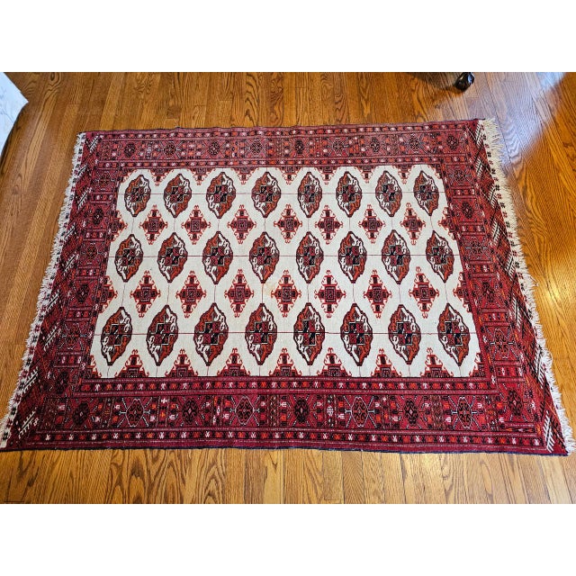 Red Vintage Turkmen Area Rug in All Over Geometric Pattern in Ivory, Red, Black For Sale - Image 8 of 10
