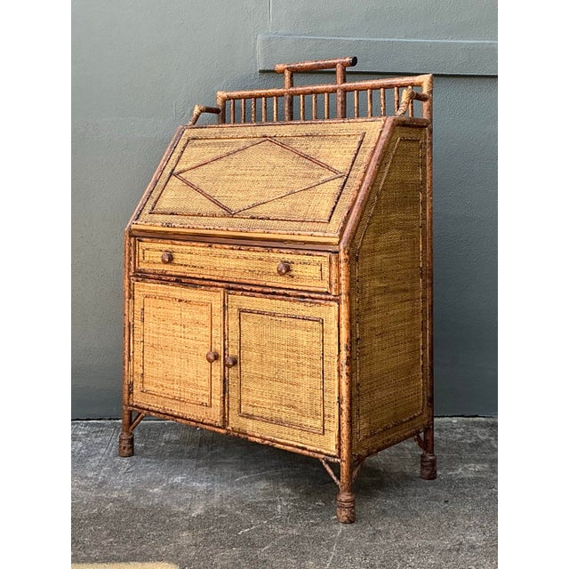 Vintage Tortoise Burnt Rattan Drop Front Desk For Sale - Image 10 of 12