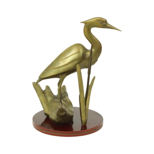 Hollywood Regency Brass Heron Statue on Wooden Base, 1970s For Sale - Image 4 of 16