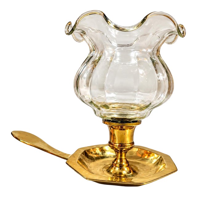 Vintage Brass Chamberstick Candle Holder With Ruffled Glass Hurricane Shade For Sale