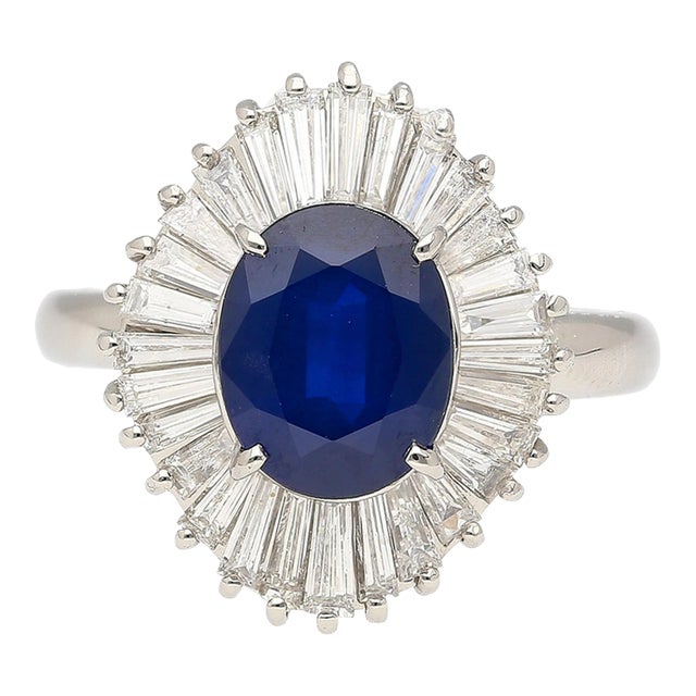 2.58 Carat Oval Cut Blue Sapphire and Diamond Halo Platinum Ballerina Ring Size 6.25 For Sale