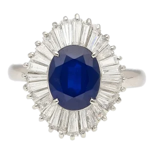 2.58 Carat Oval Cut Blue Sapphire and Diamond Halo Platinum Ballerina Ring Size 6.25