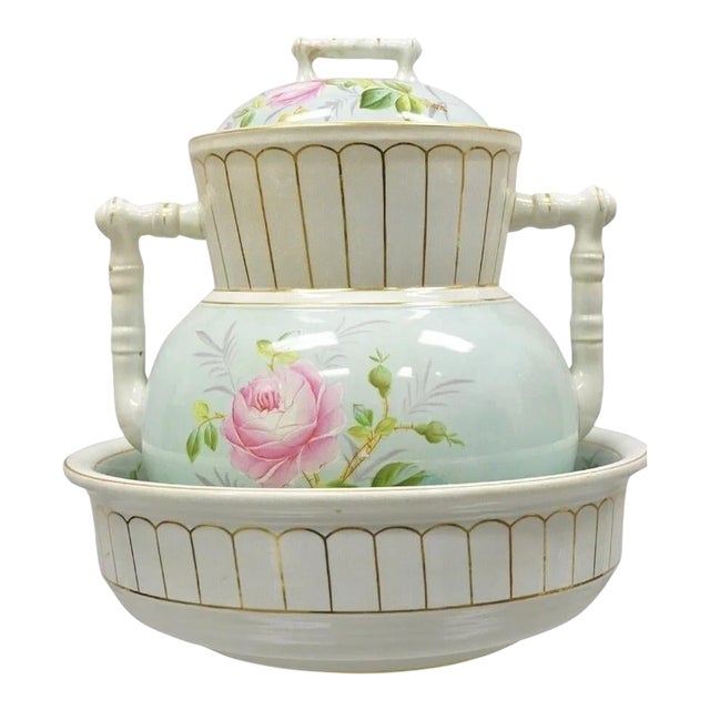 Antique Ironstone China Coxon & Co Green Porcelain Wash Bowl Basin & Pitcher For Sale