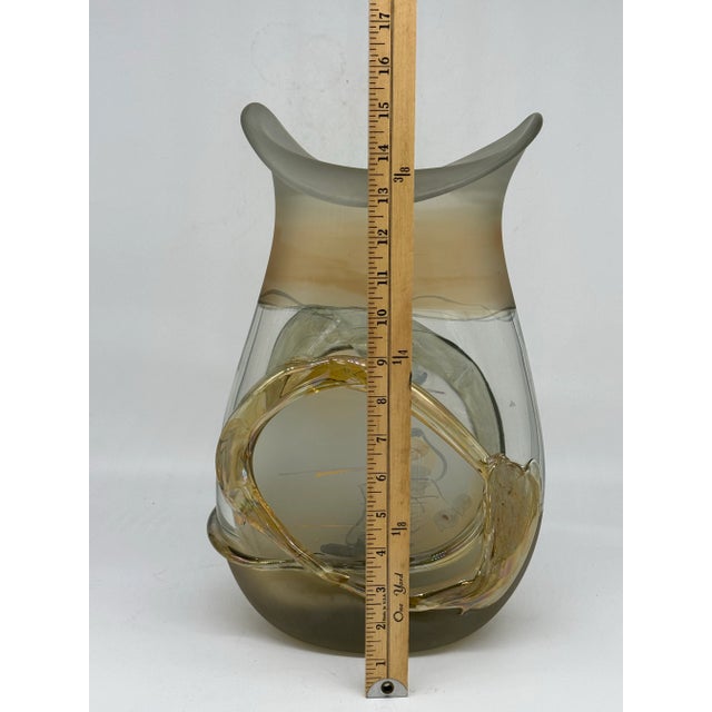 Very unique, large and heavy Romanian Jon Art Glass Studio Vase with applied bands of glass, metalic tones and frosted...
