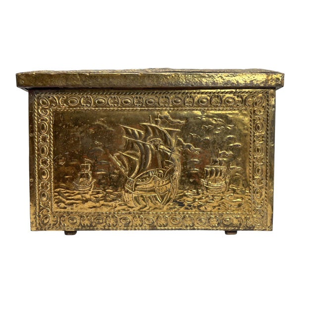 Goldenrod Ornament Embossed Brass Log Box with Nautical Scene, 1920s For Sale - Image 8 of 10