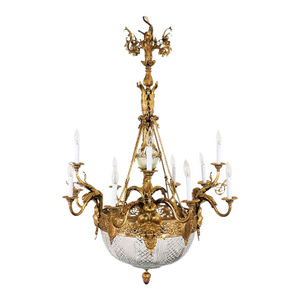 Circa 1900 French Beaux Arts Fire Gilt Bronze and Hand Cut Crystal Chandelier