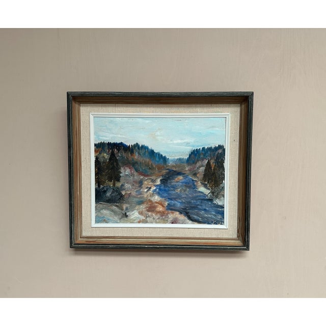 Original Swedish Oil on Canvas – “Landscape with River and Forest” by Kaj – Signed – Vintage & Framed – 60 × 52 cm (23.6"...