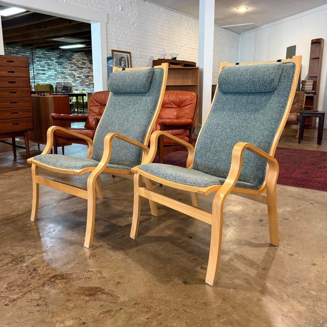 Pair of well-executed vintage Danish modern bentwood Albert lounge chairs attributed to Finn Østergaard, Denmark. The...