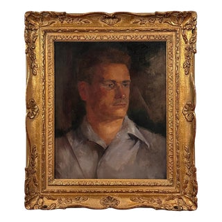 Vintage Modernist Portrait of Man in Carved Gilt Frame, Signed (1947, Oil on Canvas) For Sale