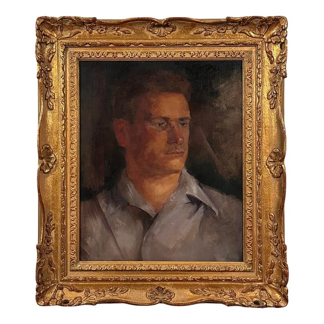 Vintage Modernist Portrait of Man in Carved Gilt Frame, Signed (1947, Oil on Canvas) For Sale