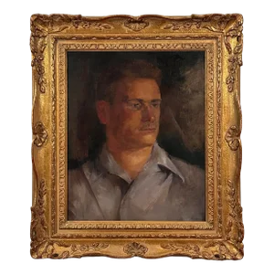 Vintage Modernist Portrait of Man in Carved Gilt Frame, Signed (1947, Oil on Canvas)