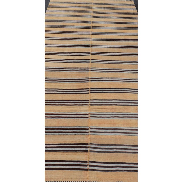 Textile Turkish Vintage Kilim Striped Rug in Brown, Blue & Cream 5'3 X 12'4 For Sale - Image 7 of 11