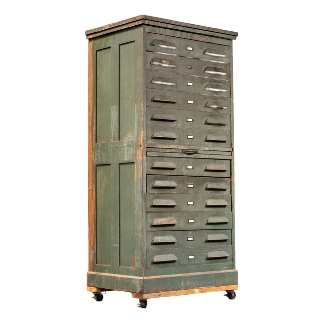 Antique Multi-Drawer Industrial Map Cabinet in Original Green Paint For Sale