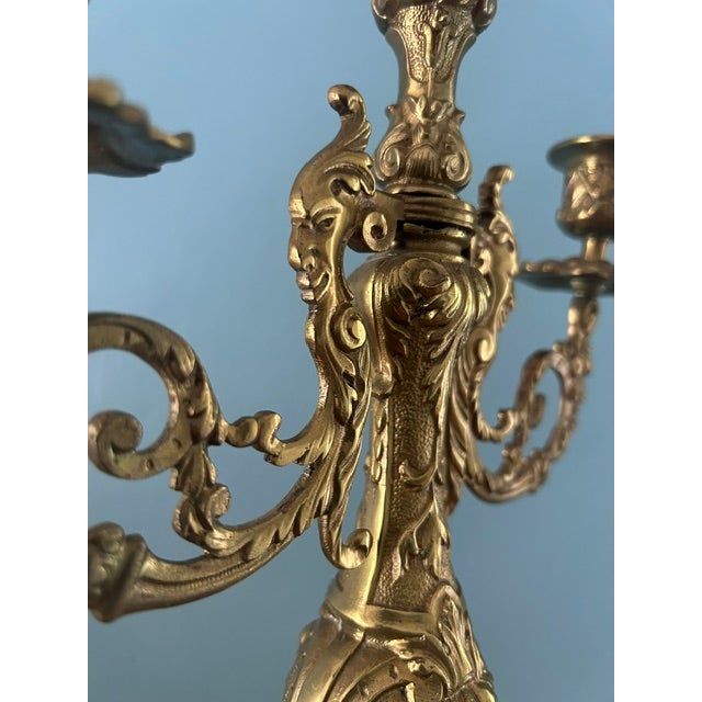 Metal Antique French Rococo Style Solid Brass 3-Light Candelabras - A Pair For Sale - Image 7 of 14