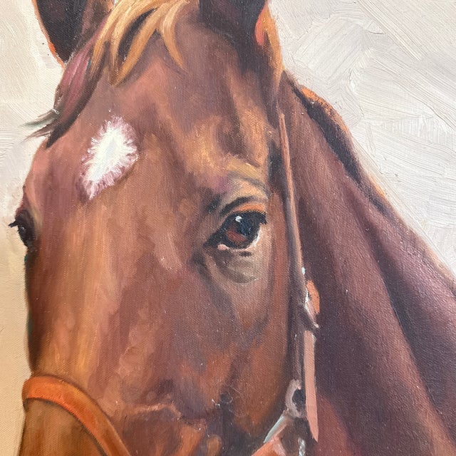 Very nice oil painting portrait of a thoroughbred race horse done by Snow In The 1960s. I am not certain if these horses...