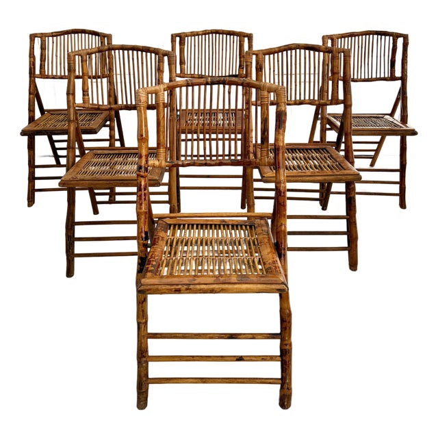 1960's Set of 6 Tortoiseshell Finish Bamboo Folding Chairs For Sale