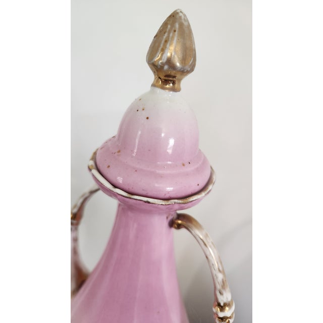 Antique Austrian Carl Larsen “Ruby & Emerald” Pink Porcelain Lidded Urn Vases – Pair, Circa 1900 For Sale - Image 4 of 18