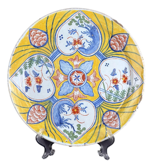 Antique Dutch Delft Yellow-Ground Four Hearts Plate, 1700s
