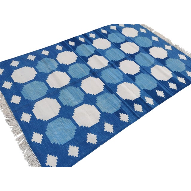 Mid-Century Modern Handmade Cotton Vista Rug, Blue And White 4'x6' For Sale - Image 3 of 7