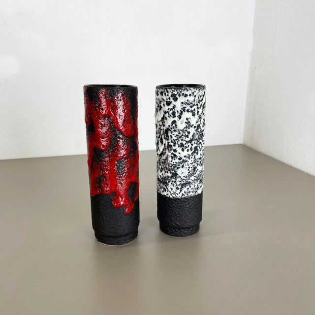 German Pottery Fat Lava Vases Black Red & White from Jopeko, 1970s, Set of 2 For Sale - Image 4 of 18