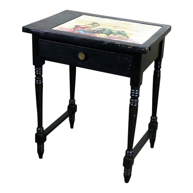 Vintage Black Turned Leg Drawered End Table With Matador And Bull
