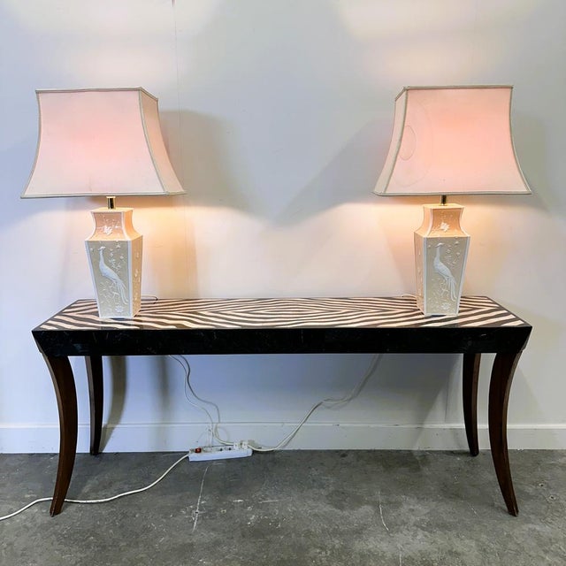 Large Cream Ceramic Table Lamps with Relief Peacocks and Fabric Shades, Set of 2 For Sale - Image 4 of 16