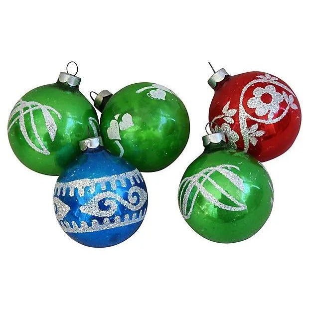 Set of 10 vintage hand-decorated glass Christmas tree ornaments with box. No maker's mark. Ornaments, 2.25"Dia x 2.5"H;...