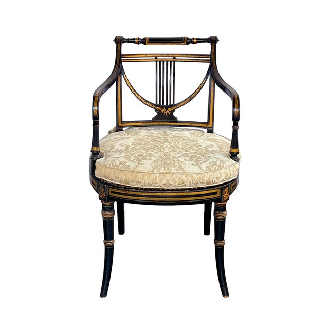 Pair English Regency Ebonized and Parcel-Gilt Armchairs With Caned Seat For Sale - Image 4 of 13