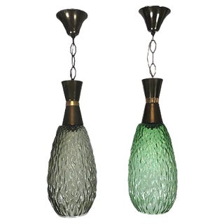 Italian Metal & Glass Pendant Lamps, 1960s, Set of 2 For Sale