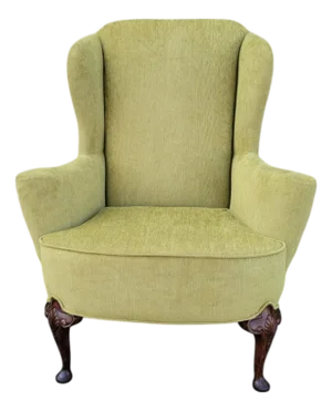 19thC English Queen Anne Style Wingback Chair Walnut Legs Faded Green Upholstery