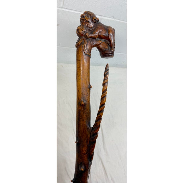 Wood Large Antique 1800's Chinese Foo Dog Carved Wood Folk Art Walking Stick Cane For Sale - Image 7 of 18